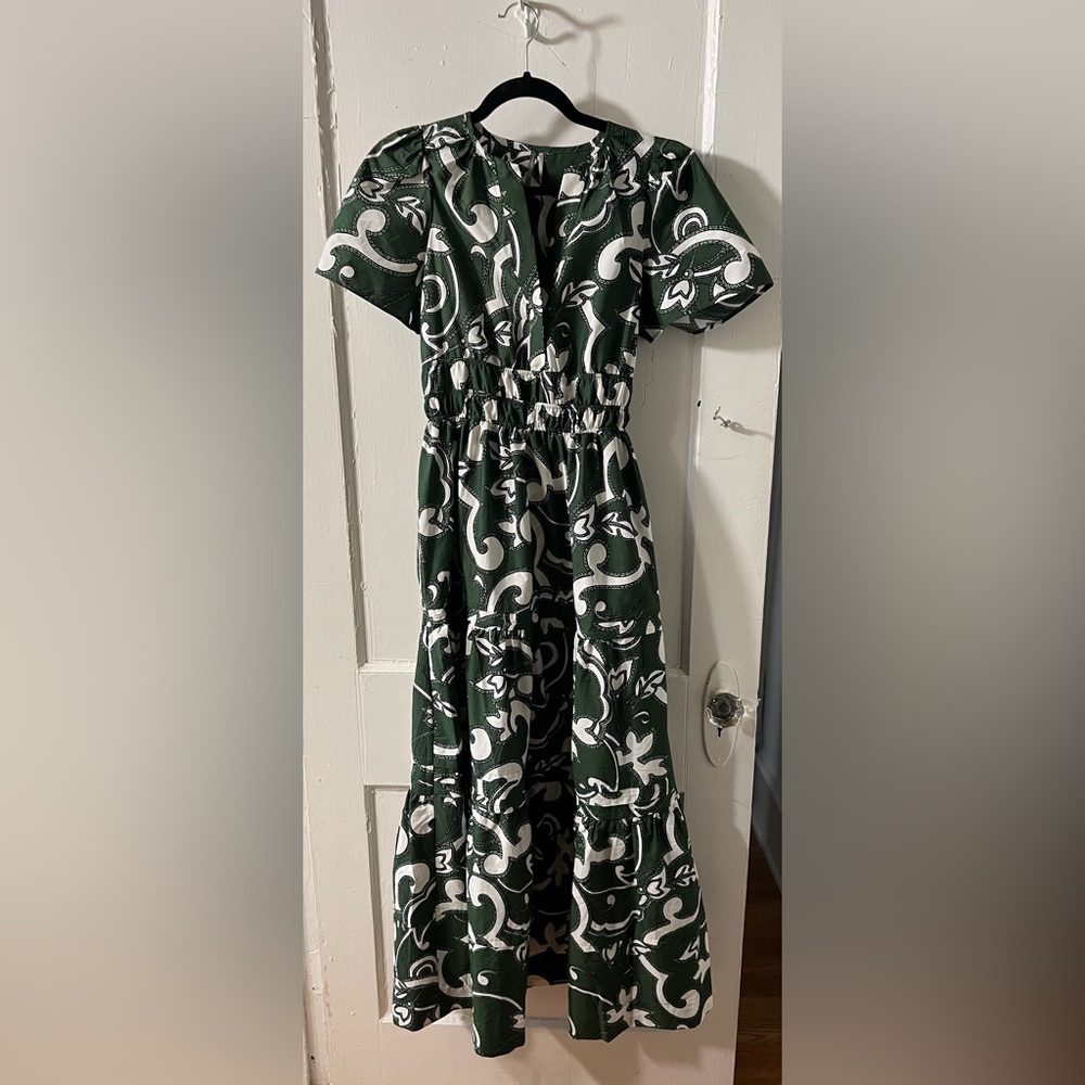 Anthropologie Forest Green and Cream Maxi Dress